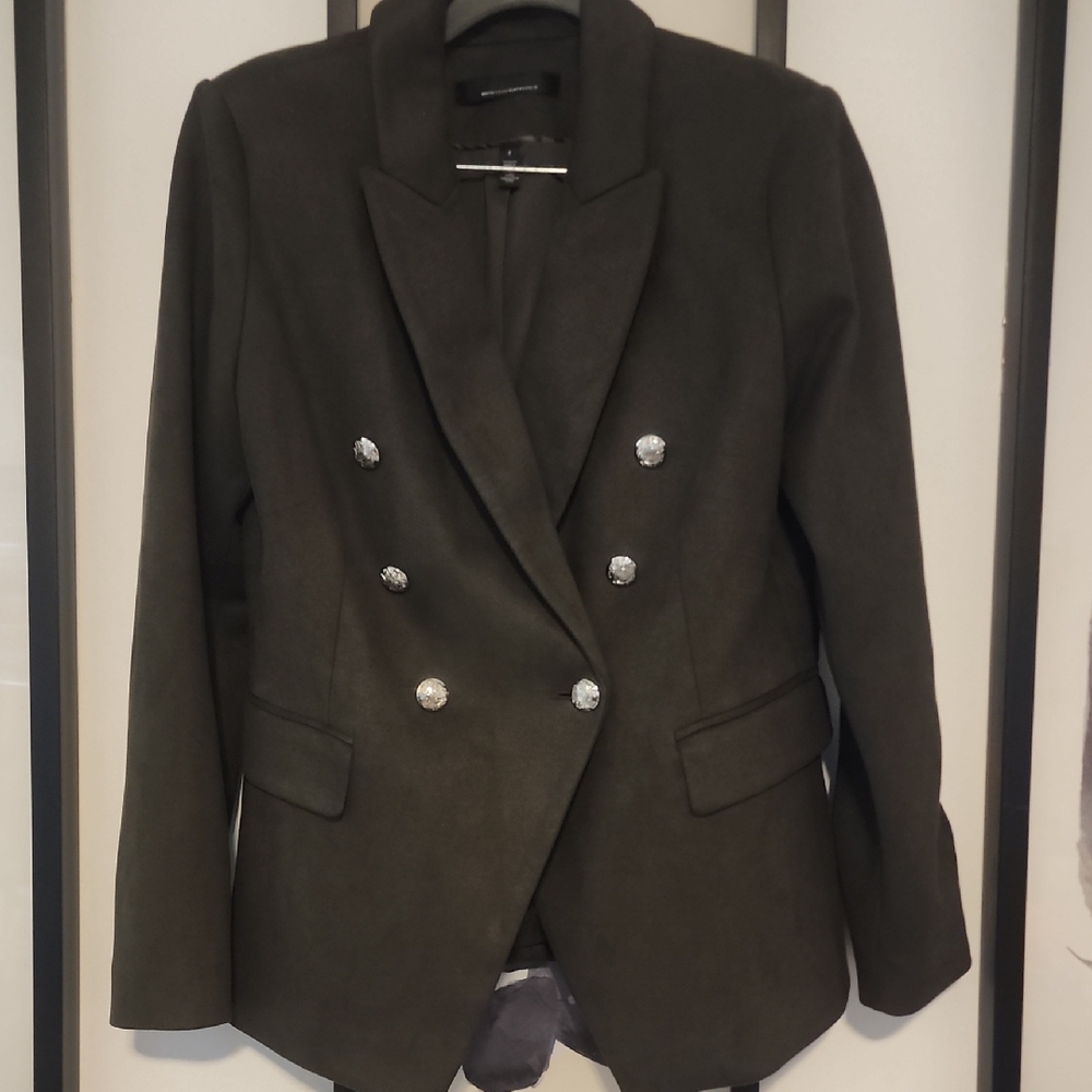 White House Black Market Suede Olive Double-Breasted Blazer with Silver Buttons
